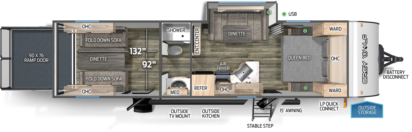 The 27RR has one slide out, a rear ramp door, and two entry doors. Exterior features include an outside TV mount, outside kitchen, front stable step entry, 15 foot awning, LP quick connect, outside storage, and battery disconnect. Interior layout front to back: queen bed with overhead cabinet and wardrobes on each side; off-door side dinette slideout; door side entry, peninsula kitchen countertop with sink wraps to door side with overhead cabinet, air fryer, and refrigerator; entertainment center along inner wall; split full bathroom with shower and toilet on off-door side, and sink with medicine cabinet on door side; rear cargo area with second entry door, and opposing wall fold down sofas with overhead cabinets, and dinette table. Cargo area measurements: 132 inches from the rear of the trailer to the bathroom wall; 92 inches from the off-door side wall to the door side wall; 90 inch by 76 inch rear ramp door.